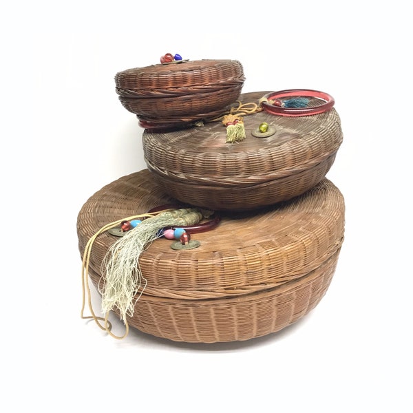 Set of 3 Antique Chinese Wicker Sewing Baskets, PRICE 4 ALL