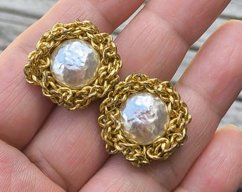 Miriam Haskell Signed Faux Pearl Gold Earrings, Mabé Style Clip Ons