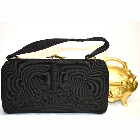 Vintage Black Corded Purse, 1940s, Gold Seal Bran… - image 1