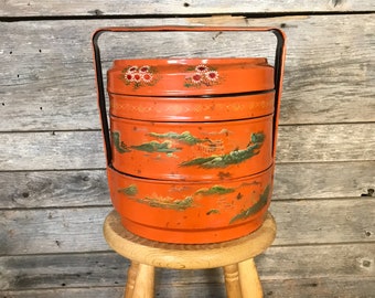 Mid 20th Century Chinese Orange Lacquer Wedding Basket, Small Faults and Repairs
