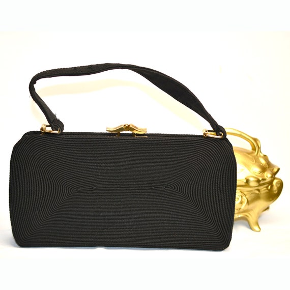 Vintage Black Corded Purse, 1940s, Gold Seal Bran… - image 2