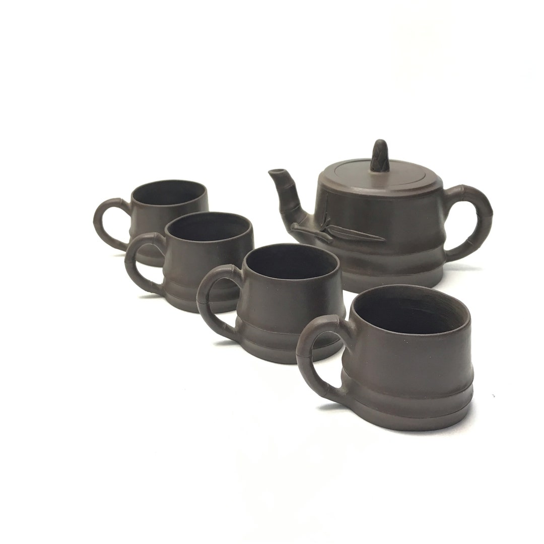 Vintage Chinese Clay Tea Set, Naturalistic Bamboo Design, Handmade