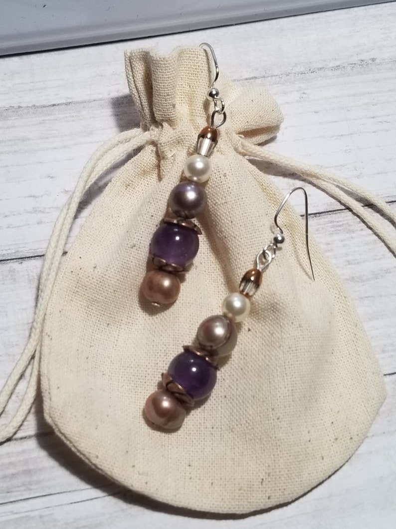 Lightweight Drop Earrings Mothers Day Gift Purple Pearl Earring Grey Pearls Evening Wear Free Shipping Amethyst Stone Silver Elegant