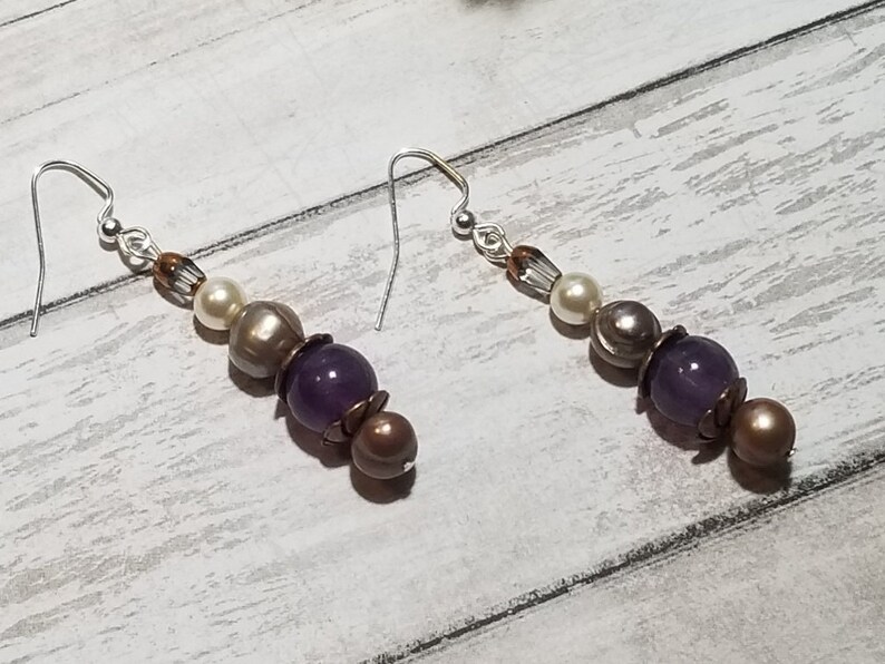 Lightweight Drop Earrings Mothers Day Gift Purple Pearl Earring Grey Pearls Evening Wear Free Shipping Amethyst Stone Silver Elegant