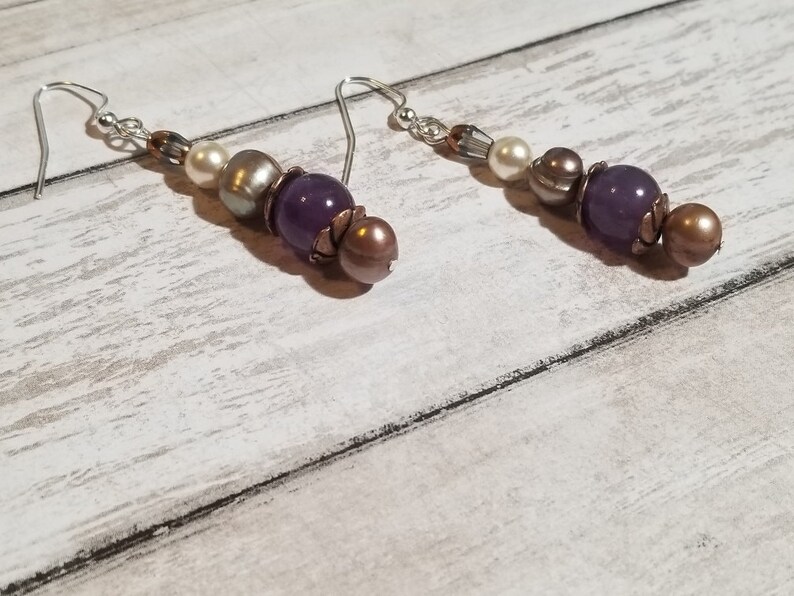 Lightweight Drop Earrings Mothers Day Gift Purple Pearl Earring Grey Pearls Evening Wear Free Shipping Amethyst Stone Silver Elegant