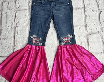 Girls Pink shimmer Bell Bottoms Upcycled Denim Flare jeans size 6
