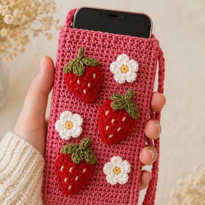 Strawberry crochet phone bag, pdfTutorial, Cute Fruit Pouch, Cell Phone Bag Pattern, pdf digital download English