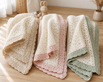 Baby Blanket Crochet Pattern, Heirloom Crochet Baby Blanket, Scalloped Border PDF Bundle 3 Color Variations, English PDF Pattern