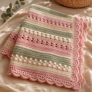 Könnte beinhalten: Handgefertigte Häkeldecke in sanften Pastellfarben. Die Decke hat horizontale Streifen in Rosa, Creme und Grün, mit dekorativen Lochmustern und einem gewellten Rand. Die gefaltete Decke zeigt ihre Textur und ihr Design.