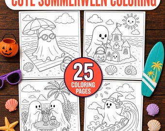 Dibujos para colorear de Summerween en PDF, Dibujos para colorear de Halloween, Libro para colorear de fantasmas lindos en la playa, 25 páginas imprimibles, Descarga digital