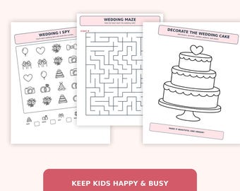 Libro de actividades imprimible para bodas infantiles, juegos y páginas para colorear para niños de 4 a 8 años, actividades para la mesa de recepción.