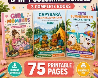 Paquete de libros para colorear 3 en 1 en PDF | Lindas páginas para colorear imprimibles para niños, adolescentes y adultos | Capibara, Summerween, Momentos de chicas