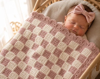 Blush Pink Baby Blanket Crochet Pattern, Basketweave Checkerboard Blanket, Easy Scalloped Border PDF Pattern , Digital Download