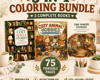 Paquete de libros para colorear acogedores en PDF | Historias de estantería, pasatiempos con animales y pequeños estudios de creación | 75 páginas para colorear para adultos imprimibles