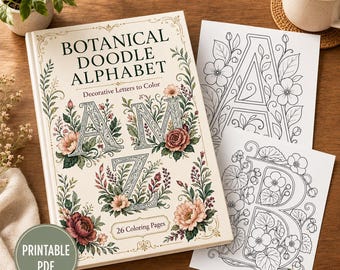 Libro para colorear del alfabeto con garabatos, letras botánicas de la A a la Z, 26 páginas del alfabeto floral para adultos, PDF imprimible