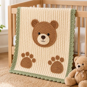 Bear Crochet Blanket Pattern PDF, Teddy Bear Baby Blanket with Paw Appliques, Ribbed Nursery Crochet Pattern, English Digital Download