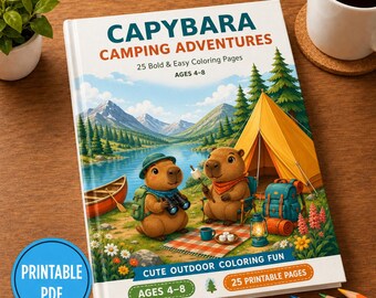 Libro para colorear de capibaras en PDF, páginas para colorear de camping para niños, imprimible de aventuras, 25 páginas fáciles para colorear.