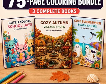 Paquete de 3 páginas para colorear en 1, 75 páginas imprimibles: Escuela de ajolotes, Pueblo otoñal acogedor, Fantasmas de Summerween, PDF para niños y adultos.