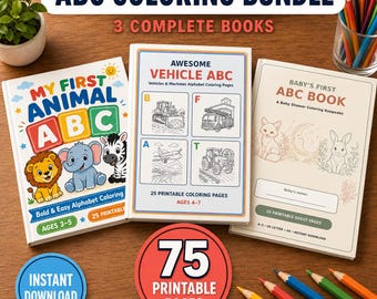 Paquete de páginas para colorear del abecedario para niños, libros del alfabeto de animales y vehículos, recuerdo para baby shower, 75 páginas imprimibles, descarga instantánea en PDF.