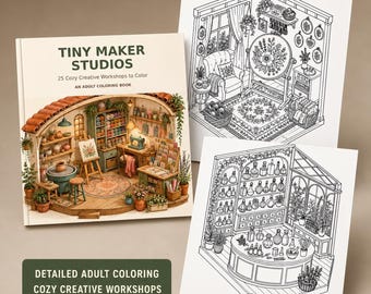 Libro para colorear en PDF "Acogedores estudios de manualidades", 25 detallados estudios de creación en miniatura, páginas para colorear para adultos, imprimible para pasatiempos creativos, descarga instantánea.