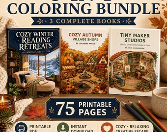Paquete de libros para colorear acogedores en PDF | Retiros de lectura de invierno, tiendas de pueblo de otoño y pequeños estudios de creación | 75 páginas para colorear imprimibles