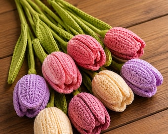Crochet Tulip Pattern Pdf, Realistic Flower Bouquet Tutorial, Easy Spring Crochet Flowers, English photo Tutorial