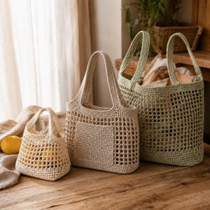 Crochet Bag Pattern, Crochet Tote Bag PDF, 3 Size Market Mesh Produce Bag, Beach Tote, Photo Tutorial Crochet Farmer Bag, Digital Download