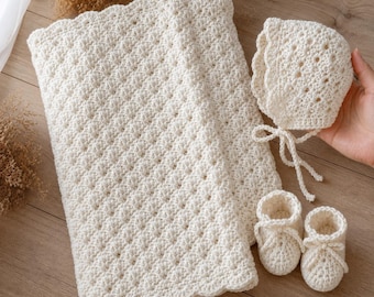 Baby Blanket Crochet Pattern, Bonnet & Booties Gift Set, crochet pattern bundle, English PDF crochet gifts Pattern