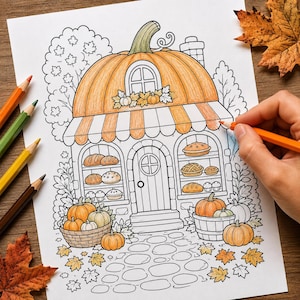 Cozy Autumn Village Coloring Pages, 25 Printable Fall Shop Scenes, Bold Easy Cottage Coloring Book, Adults Kids Digital PDF