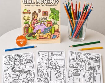 Libro para colorear "Momentos de chicas" | Páginas para colorear acogedoras para chicas | Libro de actividades imprimible en PDF | Arte kawaii relajante