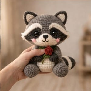 Könnte beinhalten: Gehäkeltes Waschbär-Plüschtier in Grau, Weiß und Schwarz, das eine rote Rose hält. Das handgefertigte Stofftier hat einen gestreiften Schwanz, rosa Wangen und große schwarze Augen. Ein bezauberndes, skurriles Design.