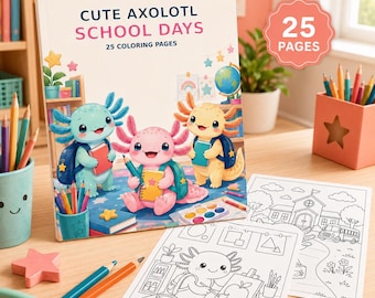Dibujos para colorear de ajolotes para la vuelta al cole, 25 escenas de aula imprimibles y adorables, libro de actividades para niños, PDF digital sencillo y llamativo