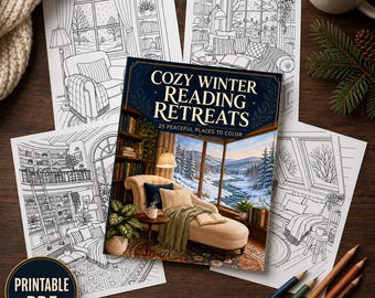 Dibujos para colorear de invierno acogedores para adultos, 25 páginas imprimibles para el rincón de lectura, libro para colorear Hygge en PDF, descarga instantánea y relajante.