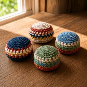Crochet Hacky Sack Pattern PDF, Footbag Crochet Pattern, Weighted Bean Bag Set with Drawstring Bag, Retro Crochet Game Gift