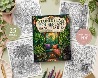 Libro para colorear de plantas de interior con diseño de vidrieras para adultos, 25 páginas botánicas imprimibles, PDF relajante para amantes de las plantas, descarga instantánea.