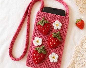 Strawberry Crochet Pattern, Phone Bag Tutorial, Cute Fruit Pouch, Cell Phone Bag Pattern, pdf digital download English