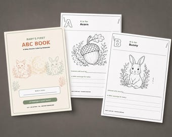 Libro para colorear del abecedario para baby shower, actividad imprimible para invitados, páginas de recuerdo para bebés, libro del alfabeto con temática del bosque, descarga instantánea en PDF unisex.