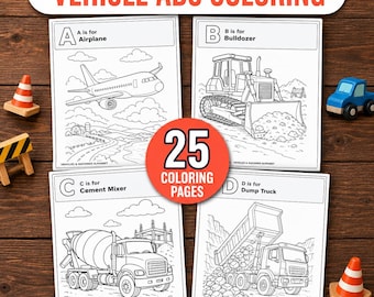 Páginas para colorear del abecedario de vehículos, libro imprimible del alfabeto para niños de 4 a 7 años, actividades sobre coches, camiones y construcción, descarga instantánea en PDF.