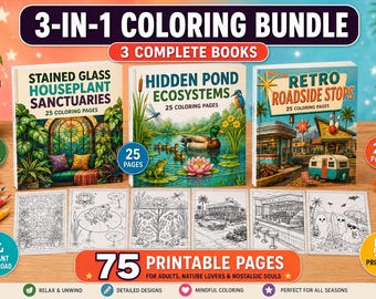 Paquete de libros para colorear 3 en 1 en PDF | Plantas de vidrieras, ecosistemas de estanques y paisajes retro de carretera | 75 páginas imprimibles