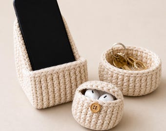 Low Sew Crochet Pattern Bundle, Cozy Desk Organizer Set, Phone Holder Earbuds Basket, English PDF Pattern