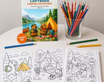 Dibujos para colorear de capibaras para niños, libro para colorear de camping en PDF, 25 adorables dibujos para imprimir de aventuras al aire libre, descarga instantánea.