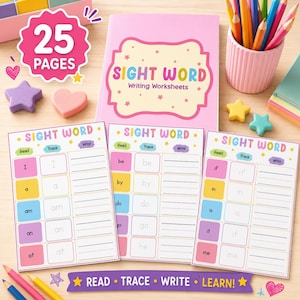 Könnte beinhalten: Ein Set aus pädagogischen Arbeitsblättern zum Schreiben von Sichtwörtern mit einem rosa Einband, der den Text Sight Word Writing Worksheets und ein 25 Pages Abzeichen trägt. Drei Arbeitsblätter zeigen Spalten zum Lesen, Nachspuren und Schreiben von Wörtern wie I, a, am, be, by, do, if, in, is, it und me.