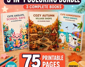 Paquete de páginas para colorear, 75 páginas imprimibles: Escuela de ajolotes, Pueblo otoñal acogedor, Fantasmas de la playa de Summerween, PDF para niños y adultos.