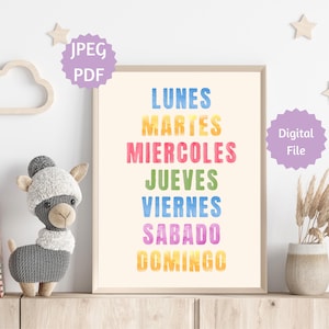 Spanish Days of the Week Watercolor Printable,Días de la Semana,Educational Poster,Rainbow Nursery Print,Montessori,Homeschool,Classroom