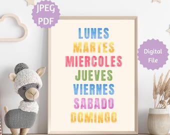 Spanish Days of the Week Watercolor Printable,Días de la Semana,Educational Poster,Rainbow Nursery Print,Montessori,Homeschool,Classroom