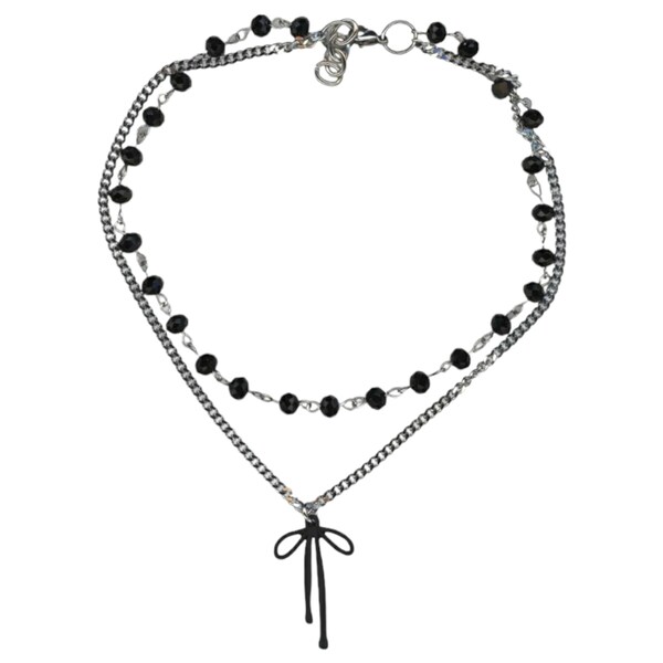 Handmade linked beaded necklace with two row layers and faceted Swarovski glass beads and a black bow pendant 100% Stainless Steel