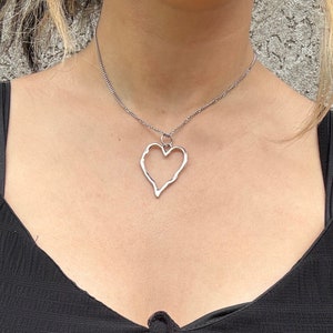 Handmade silver stainless steel necklace with chunky melted heart pendant 40 cm long