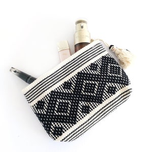 Unique hand-woven bohemian make up bag. Cotton zipper pouch perfect as a Valentines gift for her. Toiletry bag women boho style.