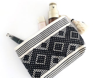 Unique hand-woven bohemian make up bag. Cotton zipper pouch perfect as a Valentines gift for her. Toiletry bag women boho style.