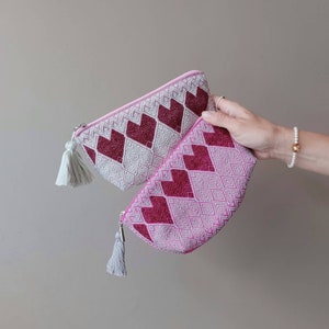Boho hearts makeup bag. Small toiletry bag, heart gift for her, Bohemian ladies cosmetic bag handwoven. Perfect gift for her